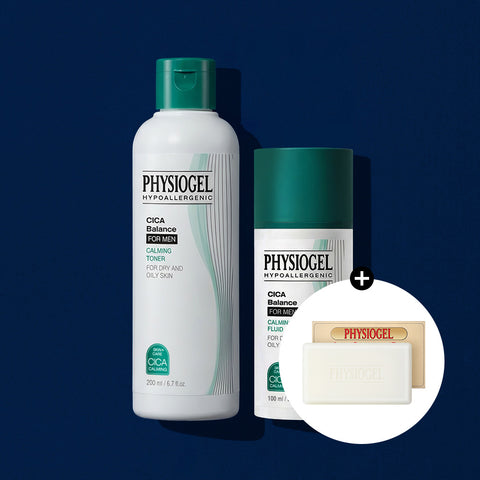 Physiogel CicaBalance For Men Calming Toner 200ml + All-in-One Fluid Lotion 100ml (Free DMT Acne Cleansing Bar)