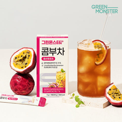Green Monster Detox Kombucha Passionfruit 10-Stick Pack (5 g each) 2 Billion Probiotics Vegan