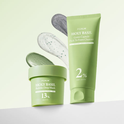 Pcalm Holy Basil Bubble Deep Mask 90g + Holy Basil Pack-to-Foam Cleanser 120ml 1+1 Daily Set