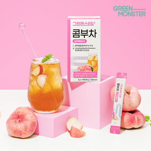 Green Monster Detox Kombucha Flat Peach Vegan Probiotics 2 Billion 6 Boxes (60 Sticks) German Organic Kombucha