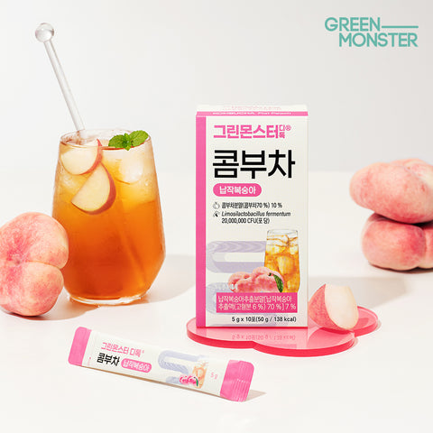 Green Monster Detox Kombucha Flat Peach Vegan Probiotics 2 Billion 6 Boxes (60 Sticks) German Organic Kombucha