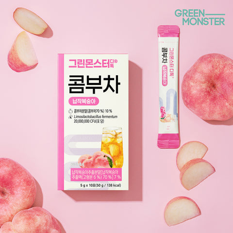 Green Monster Detox Kombucha Flat Peach Vegan Probiotics 2 Billion 6 Boxes (60 Sticks) German Organic Kombucha