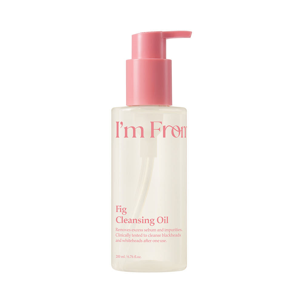 I'm From Fig Cleansing Oil bottle with pink pump on a white background