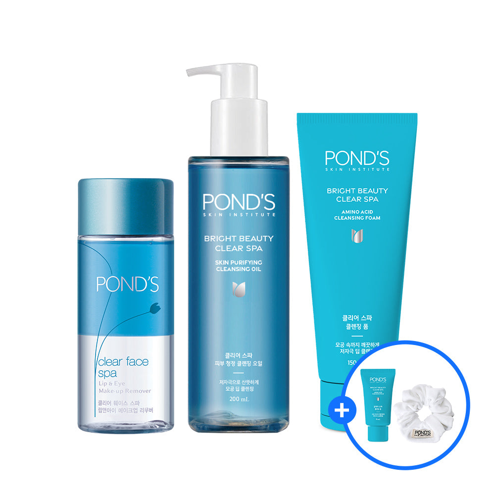 Pond's Clear Spa Cleansing Oil 200ml + Foam 150ml + Remover 120ml + Cleansing Foam 15ml + White Scrunchie Set
