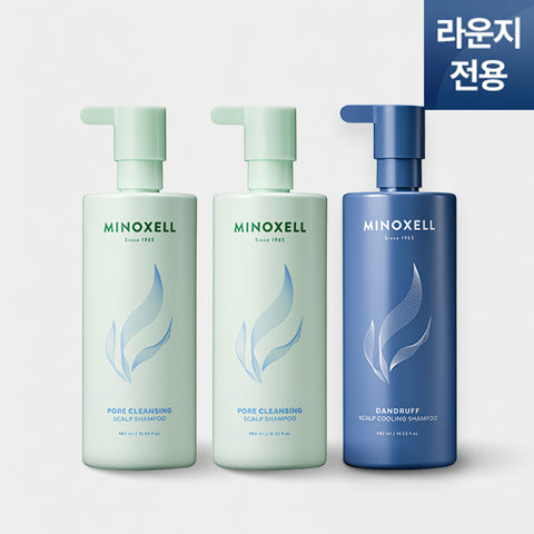 Minoxell Pore Cleansing Scalp Shampoo 480ml (2) + Dandruff Scalp Cooling Hair-Loss Shampoo 480ml (1)