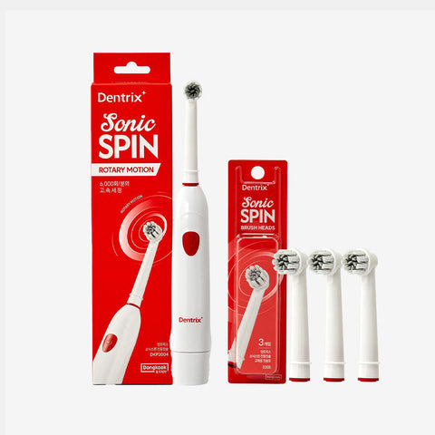 DongKook Dentrix SonicSpin Electric Toothbrush + 3 Replacement Brush Heads (Battery-Powered)