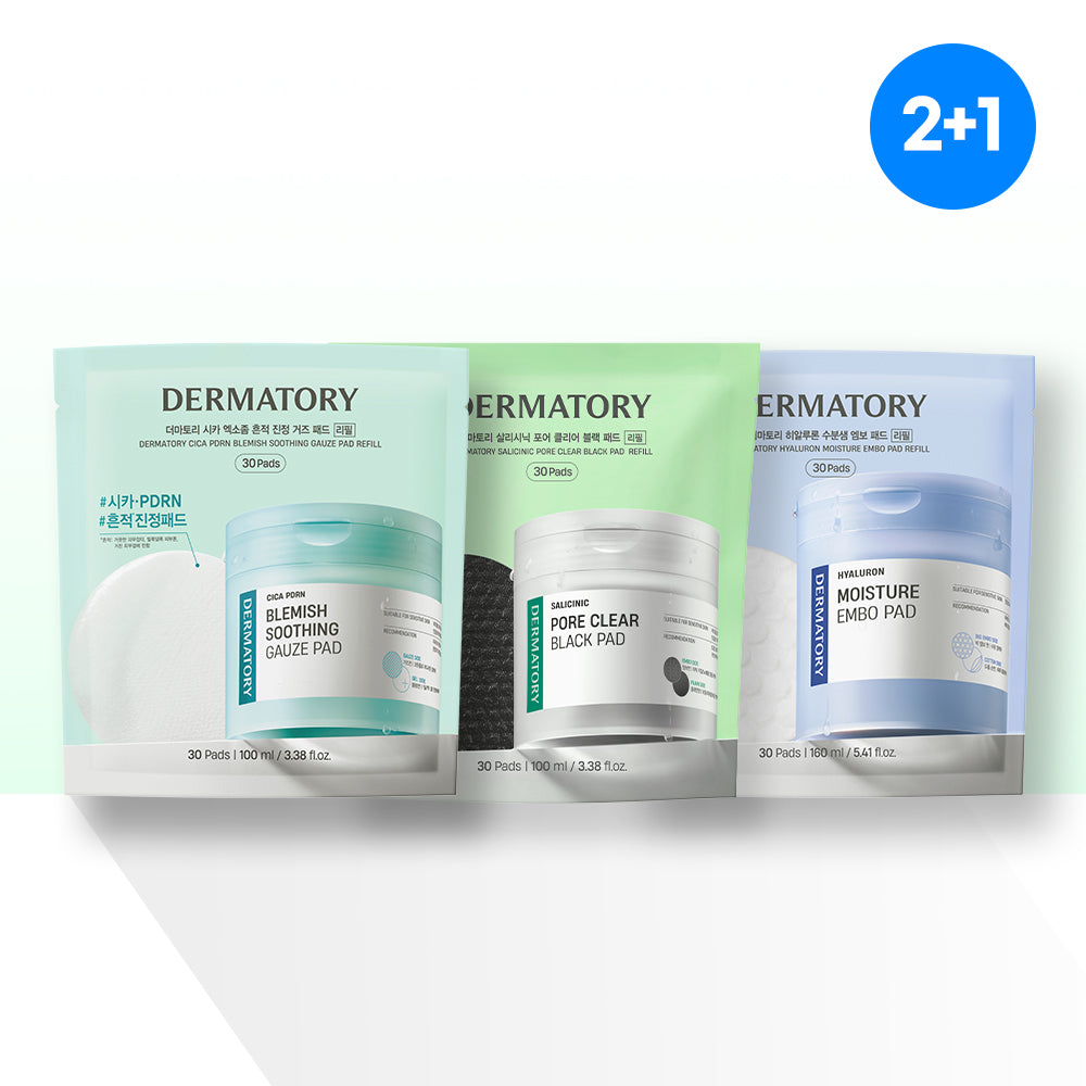 Dermatory Toner Pad Refill 3-Pack [2+1] (Black / Cica / Moisture) 90 pads