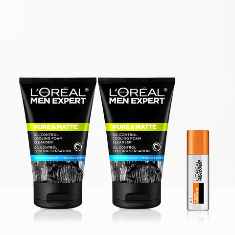 L'Oreal Paris Pure & Matte Charcoal Powder Cleansing Foam 100ml (2 Pack) + Anti-Aging All-in-One 22ml