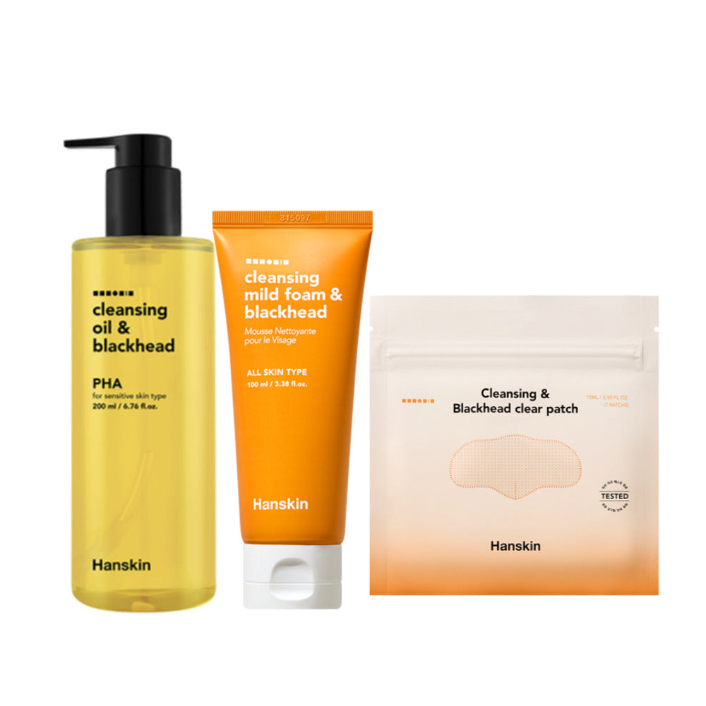 Hanskin Blackhead Care Set - Cleansing Oil PHA 200ml + Mild Cleansing Foam 100ml + Clear Co-Pack 7pcs