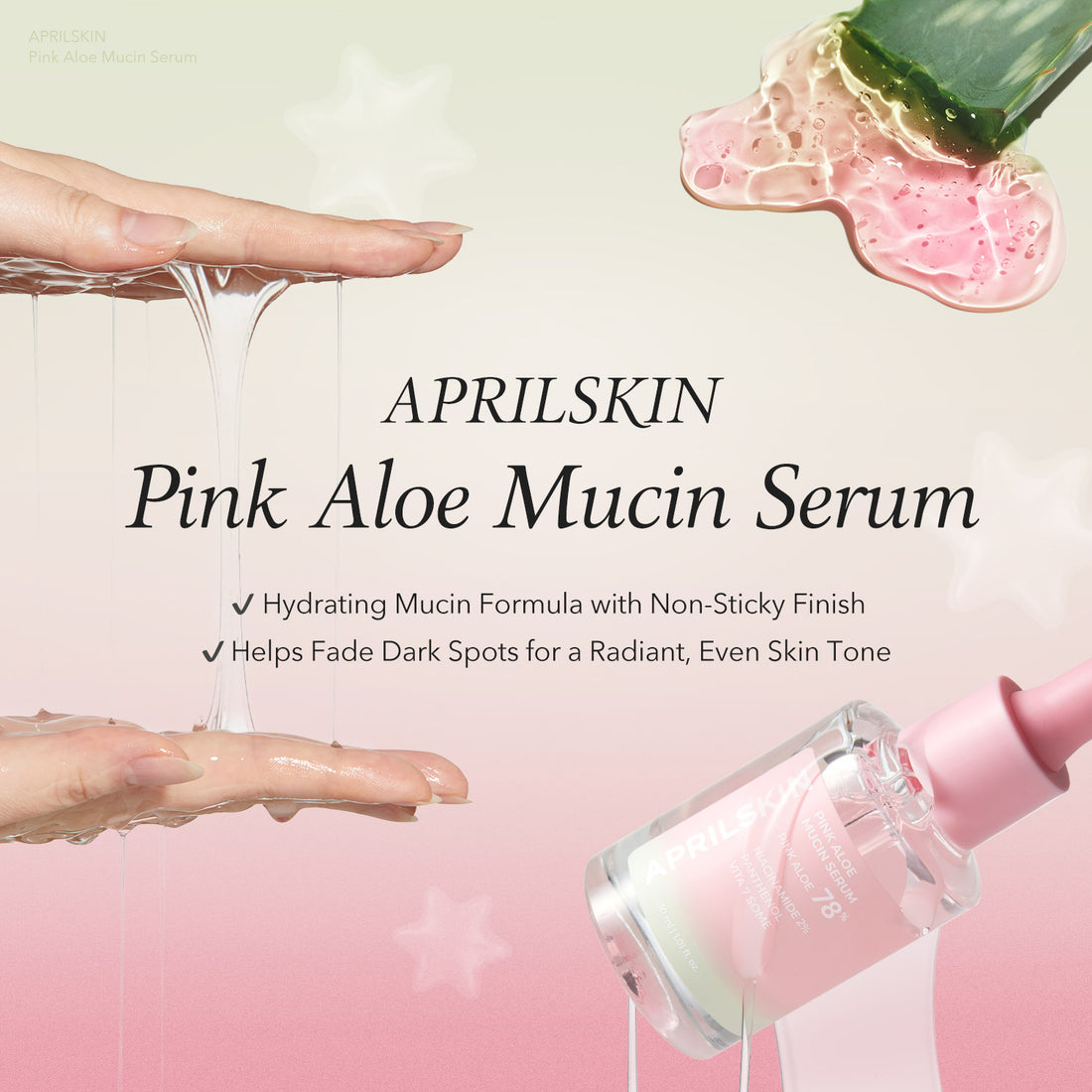 Advertisement for APRILSKIN Pink Aloe Mucin Serum with product application on skin.