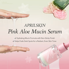 Advertisement for APRILSKIN Pink Aloe Mucin Serum with product application on skin.