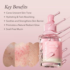 Pink skincare serum bottle with key benefits listed on a pink background