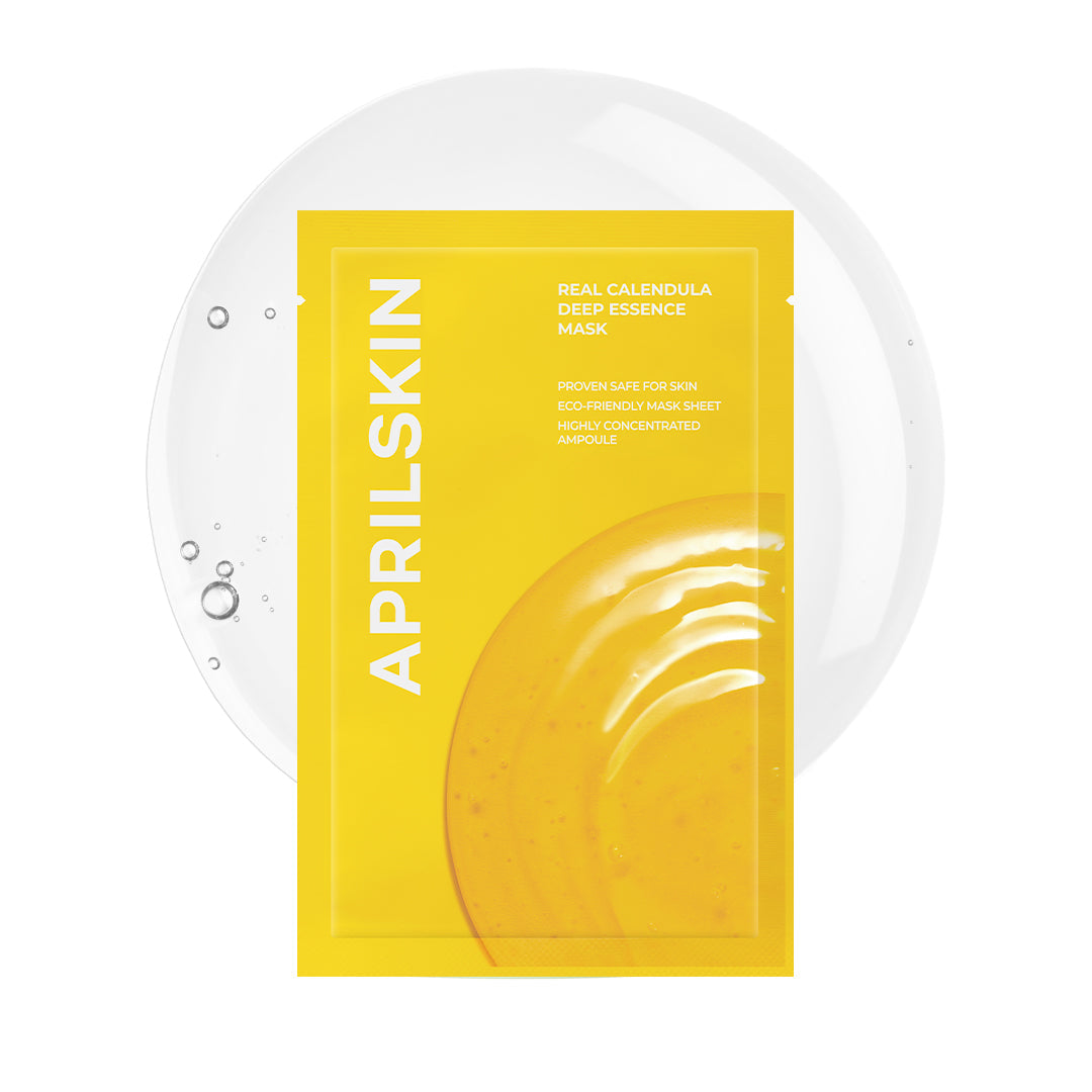 April Skin sheet mask packaging with yellow label on a white background