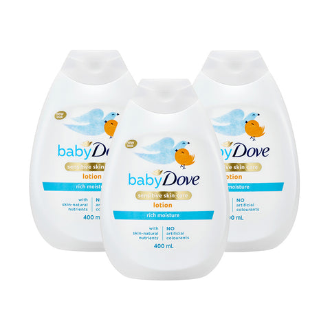 Baby Dove Baby Body Lotion Rich Moisture 400ml (3 Pack) + optional Dove hand towel