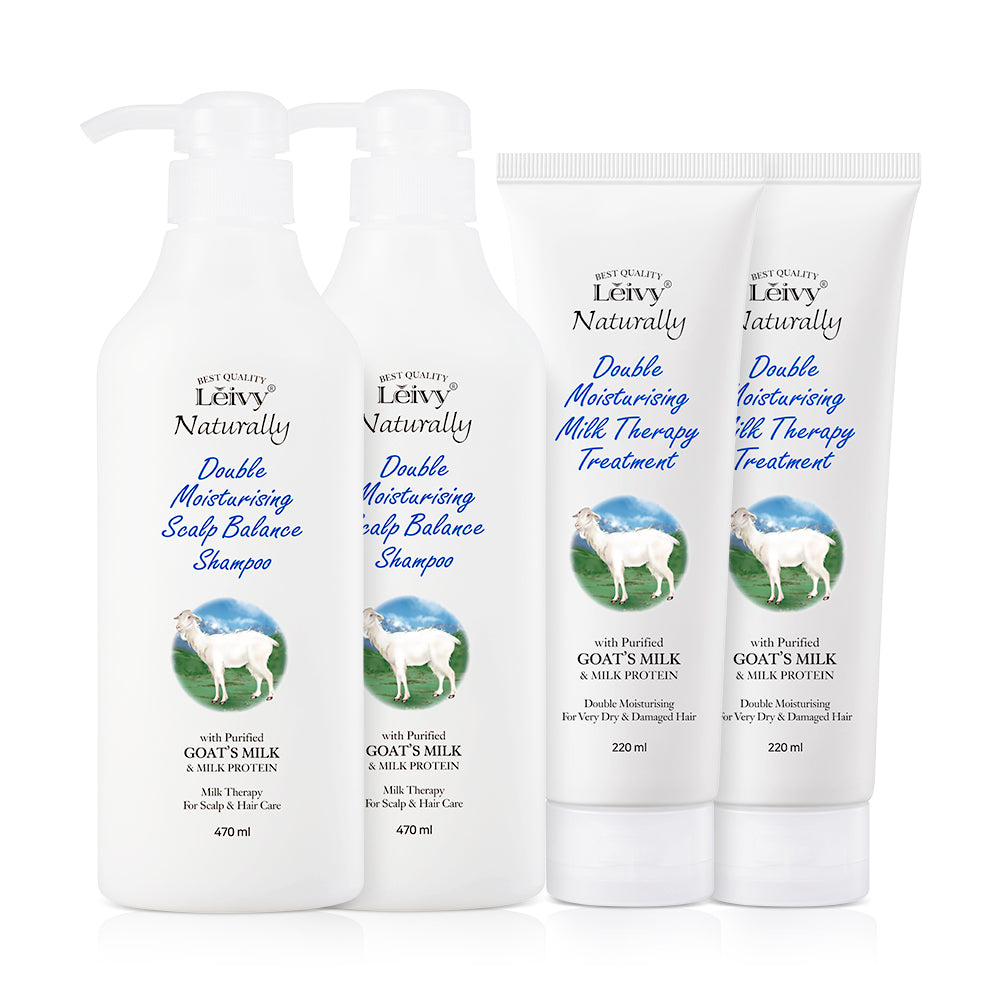 Leivy Goat Milk Scalp-Balancing Shampoo 470ml x2 + Milk Therapy Treatment 220ml x2 4-Piece Set