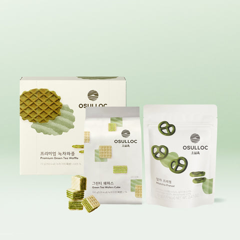 OSULLOC Tea Food 3-Piece Bundle (Pretzel, Green Tea Wafer & Waffle)