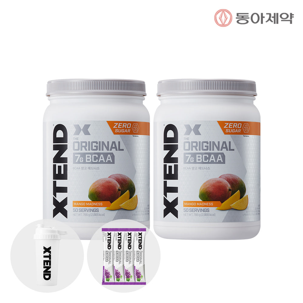 Dong-A Pharm XTEND Zero Sugar BCAA 7,000 mg 2-Can Set (50 Servings Each) + Shaker + 4 Sachets