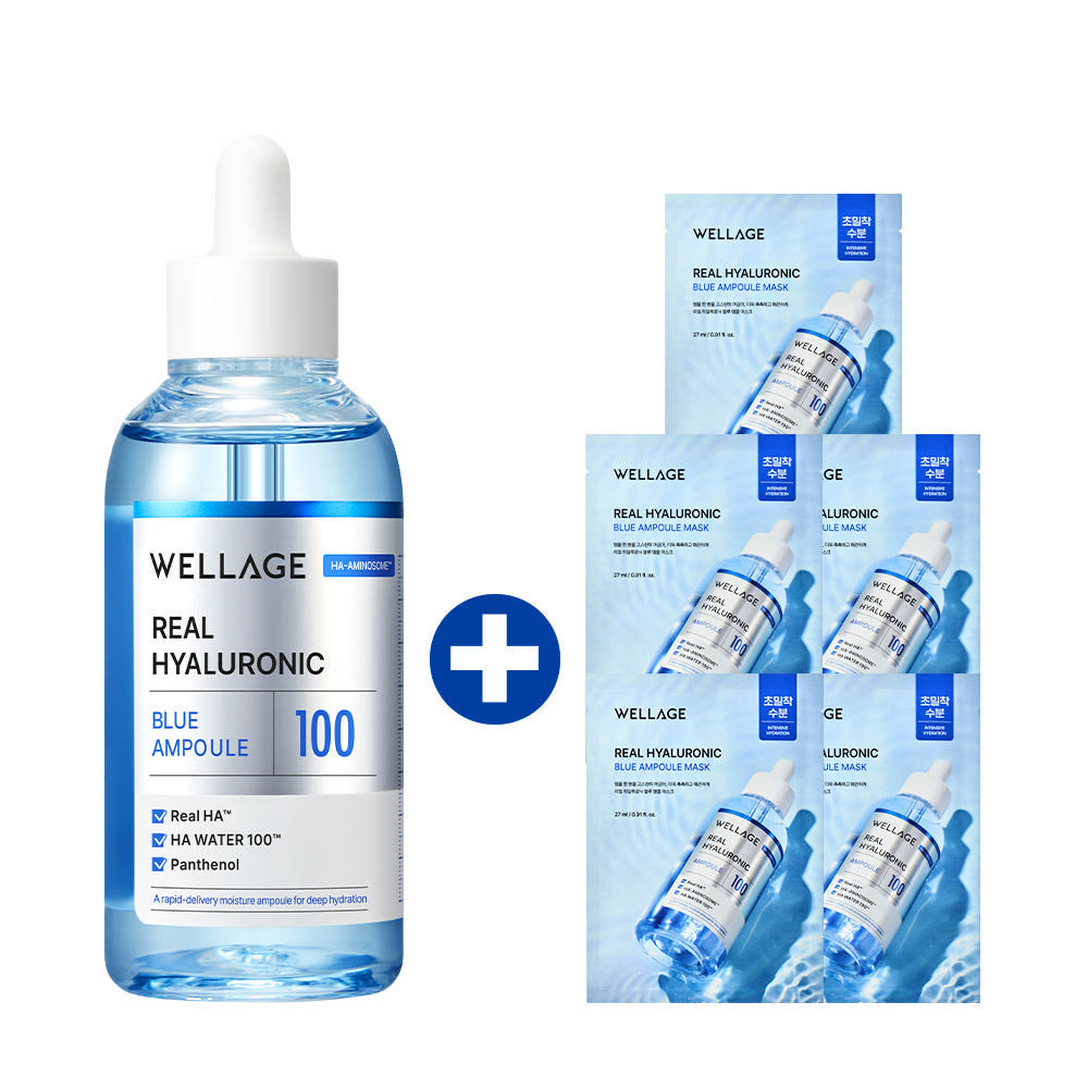 Wellage Real Hyaluronic Blue 100 Ampoule 100ml + Ampoule Mask 5pcs - 2-Piece Set