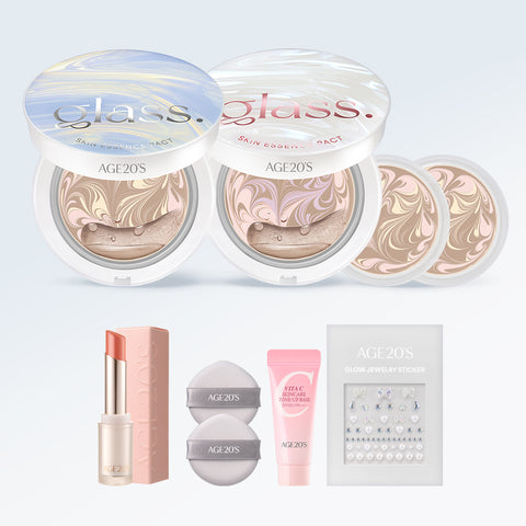 AGE20'S Glass Skin Essence Pact Soft Pearl Glow Edition 12.5g - Full 2 + Refill 2 (Includes Lip Balm, 2 Puffs, Jewel Stickers, Tone-Up Base 6ml)
