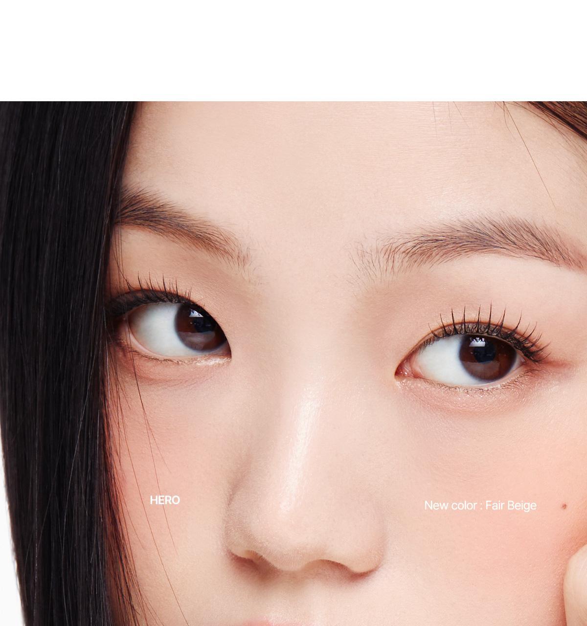 Close-up of a person's eyes with a focus on eyelashes, labeled 'Hero' and 'New color Far Beige'.