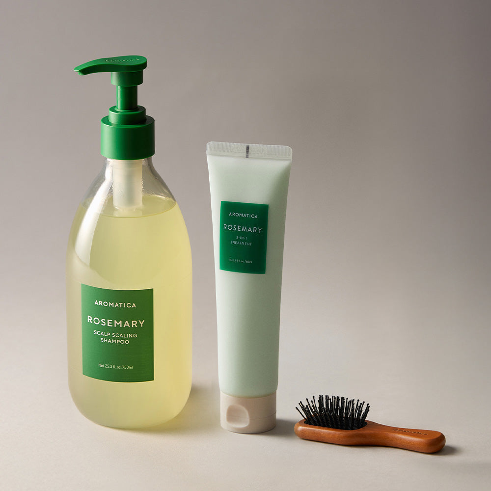 Aromatica Rosemary Daily Hair Ritual Set (Shampoo + Treatment + Wooden Brush)