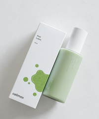 Green lotion bottle and packaging with 'celimax' branding on a light gray background