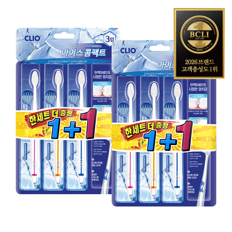 Clio Ice Compact R Round Fine-Bristle Compact Head Toothbrush 3+3 Pack (1 Set, 6 pcs)