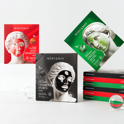 Mary&May Vegan Collagen Gel Mask 4pcs - 3 Types (Fresh Aloe / Red Ginseng / Charcoal PDRN)