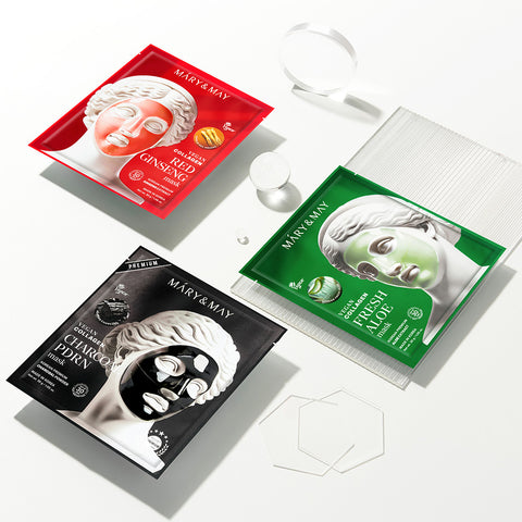 Mary&May Vegan Collagen Gel Mask 4pcs - 3 Types (Fresh Aloe / Red Ginseng / Charcoal PDRN)