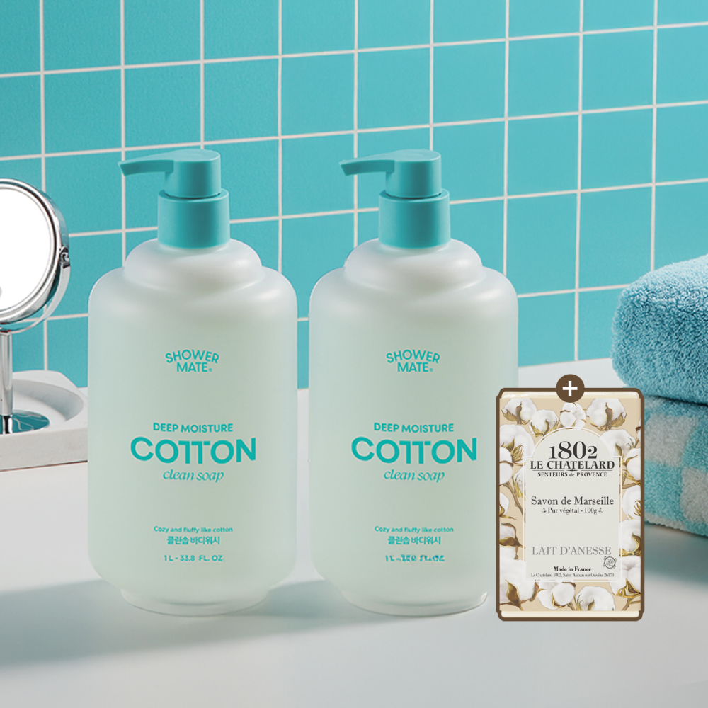 Shower Mate Deep Moisture Cotton Body Wash (Clean Soap) 1L x2 + Donkey Milk Soap 100g
