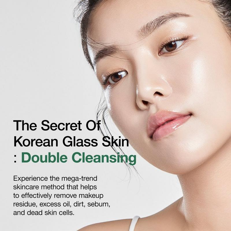 Advertisement for double cleansing skincare method with a close-up of a woman's face.