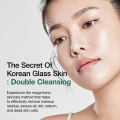 Advertisement for double cleansing skincare method with a close-up of a woman's face.