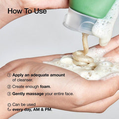 Hand using a green bottle to apply foam cleanser with text on how to use it.