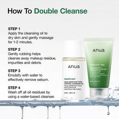Anua skincare products with step-by-step guide on how to double cleanse.