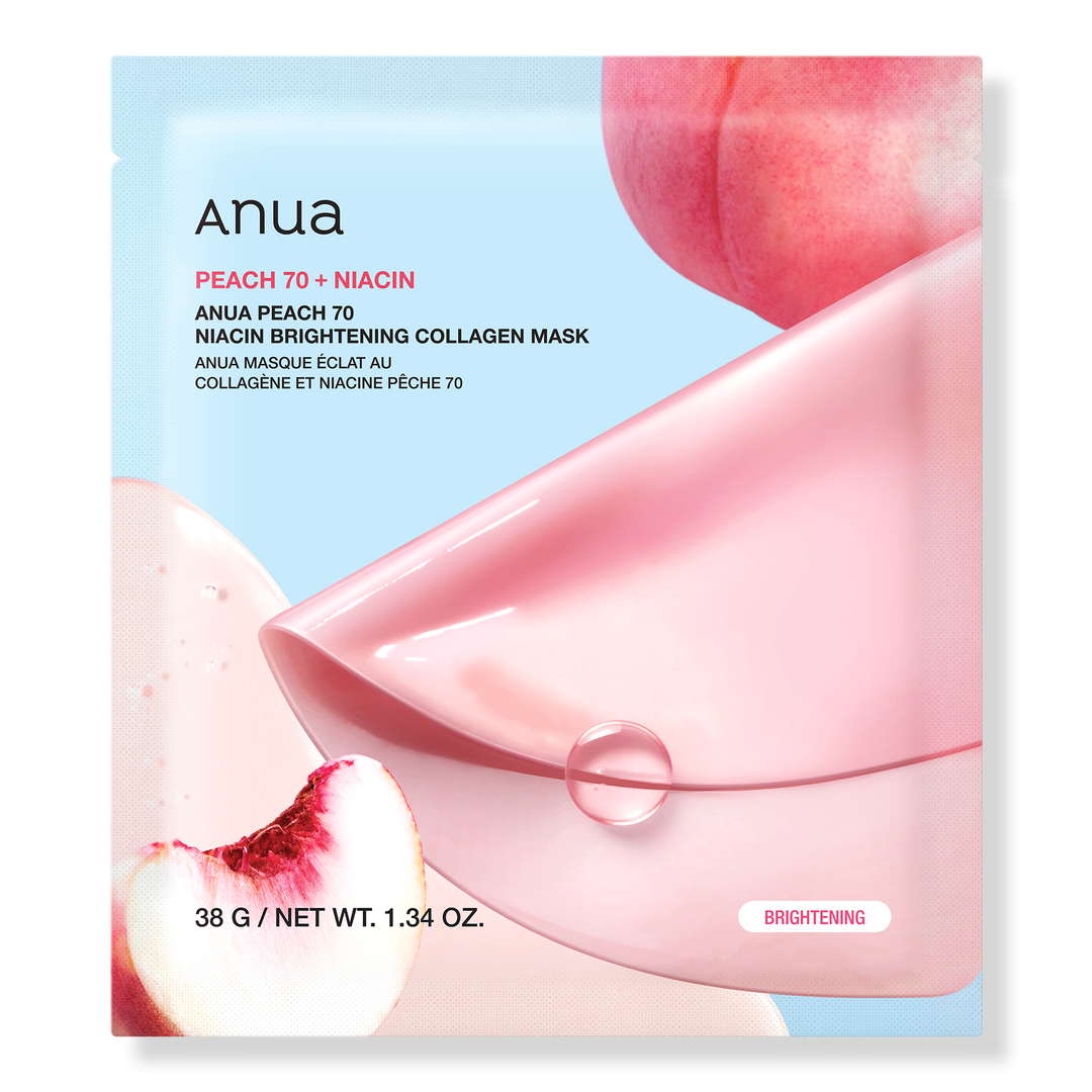 Anua Peach 70 + Niacin collagen mask packaging with peaches on a light blue background