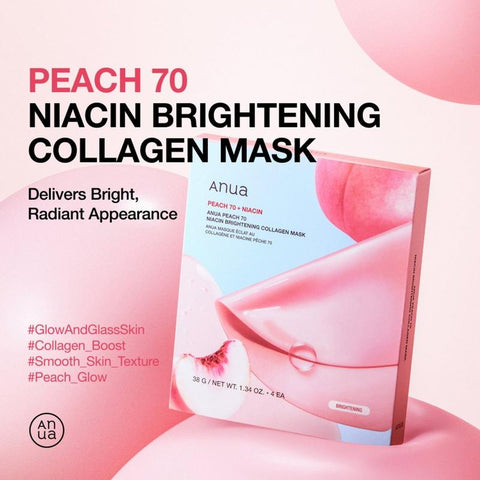 Peach 70 Niacin Brightening Collagen Mask packaging on a pink background