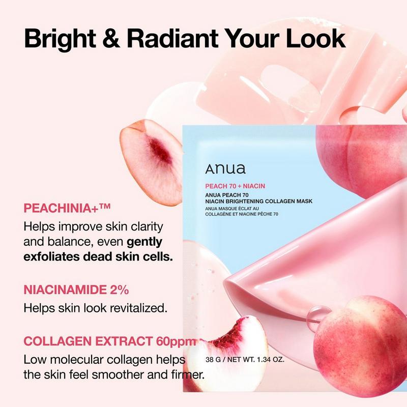 Anua Peach 70+ Niacin skincare mask packaging with peach slices and text about product benefits.