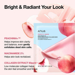 Anua Peach 70+ Niacin skincare mask packaging with peach slices and text about product benefits.