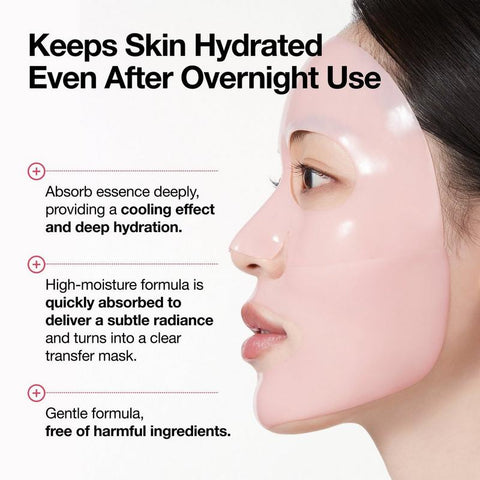 Woman wearing a face mask with text about skin hydration and product features.