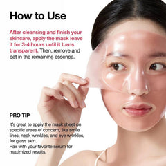 Woman applying a face mask with usage instructions on a white background