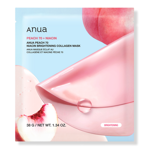 Anua Peach 70 + Niacin collagen mask packaging with peaches on a light blue background