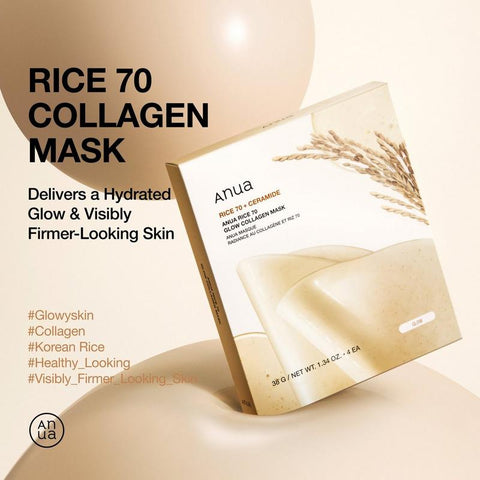Anua Rice 70 Collagen Mask packaging with text highlighting benefits on a beige background