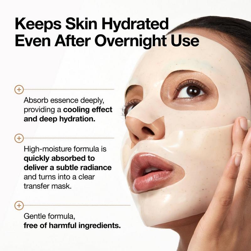 Woman wearing a face mask with product benefits text on a white background