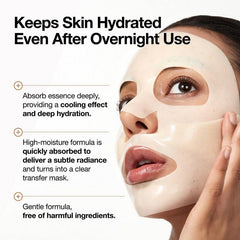 Woman wearing a face mask with product benefits text on a white background
