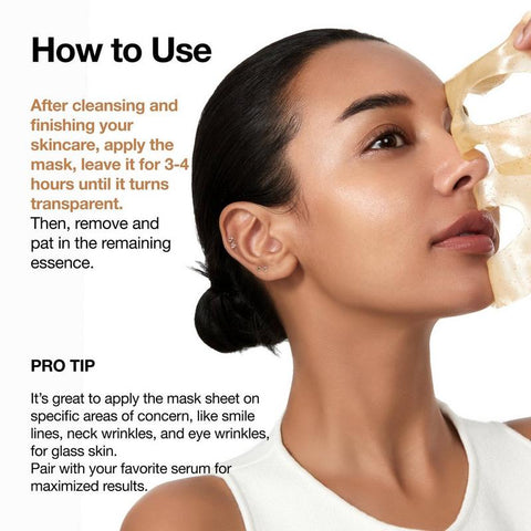 Woman applying a skincare mask with text on how to use it