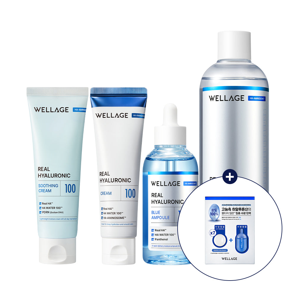 Wellage Real Hyaluronic 4-Piece Set Toner 500ml + Ampoule 100ml + 100 Cream 80ml + Soothing Cream 80ml