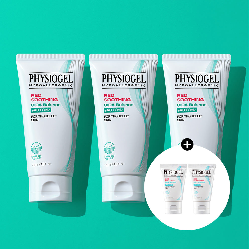 Physiogel Red Soothing Cica Balance Plus AC Cleansing Foam 120ml x3 + Foam Cleanser 20ml x2 (Gift)