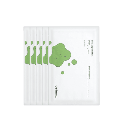 Pack of facial sheet masks with green designs on a white background, featuring the brand 'cellmox'.