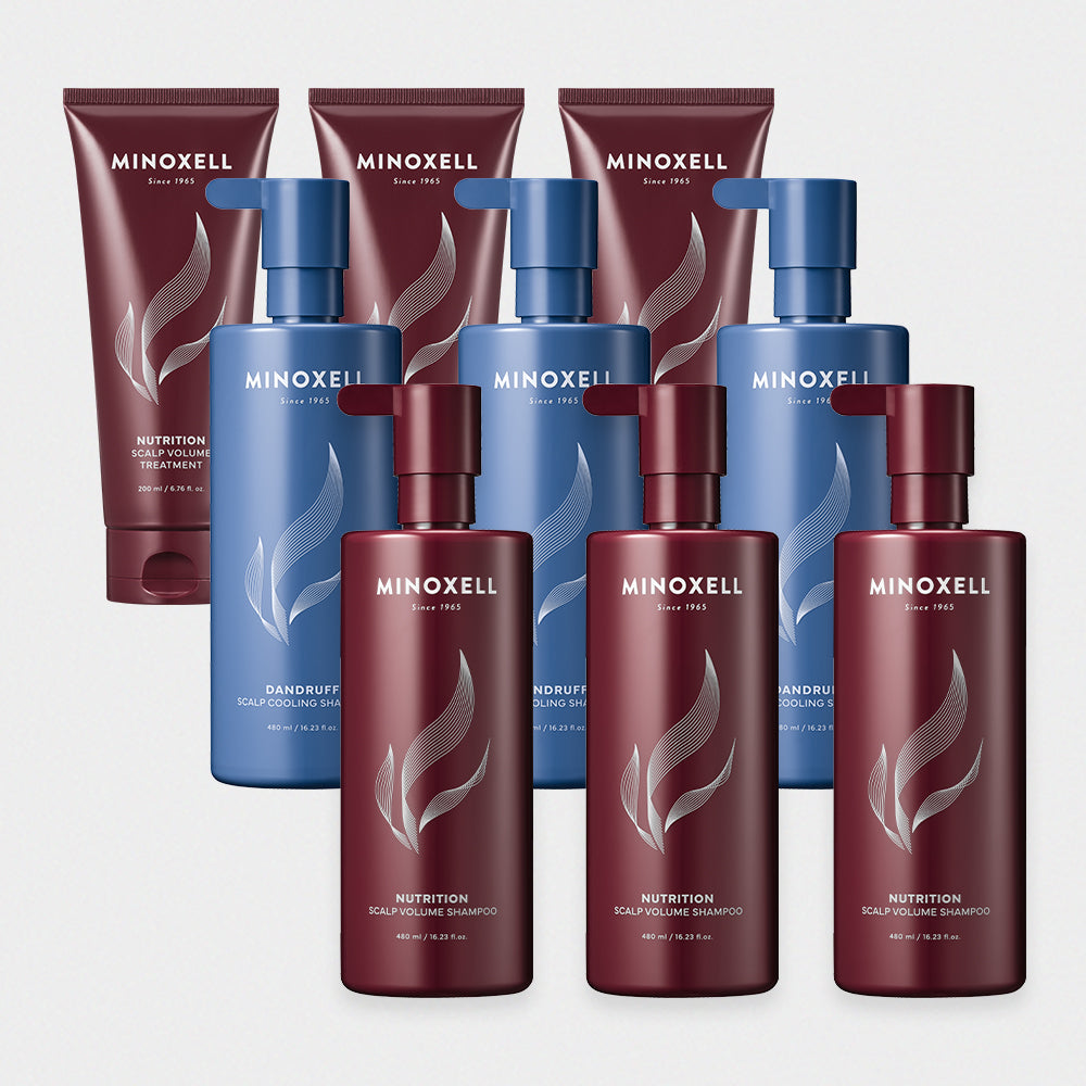 Minoxell Nutrition Volume Shampoo 480ml x3 + Dandruff Cooling Shampoo 480ml x3 + Nutrition Volume Treatment 200ml x3