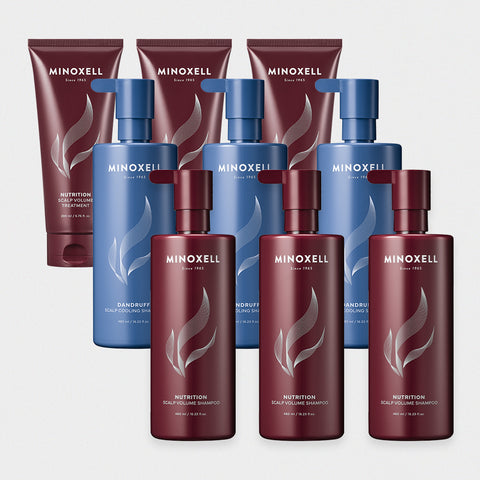Minoxell Nutrition Volume Shampoo 480ml x3 + Dandruff Cooling Shampoo 480ml x3 + Nutrition Volume Treatment 200ml x3